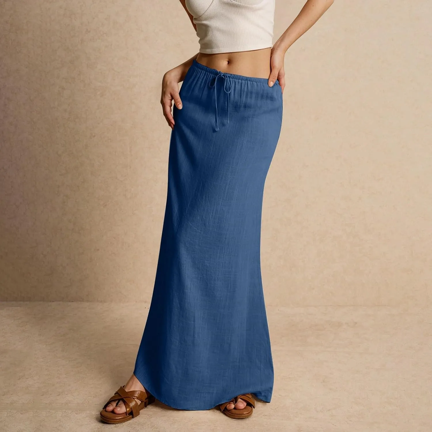 Linen Maxi Skirt for Women 2025 Summer Boho Flowy Long Skirts Drawstring Waist Y2k A Line Skirt Beach Cover Up Skirts