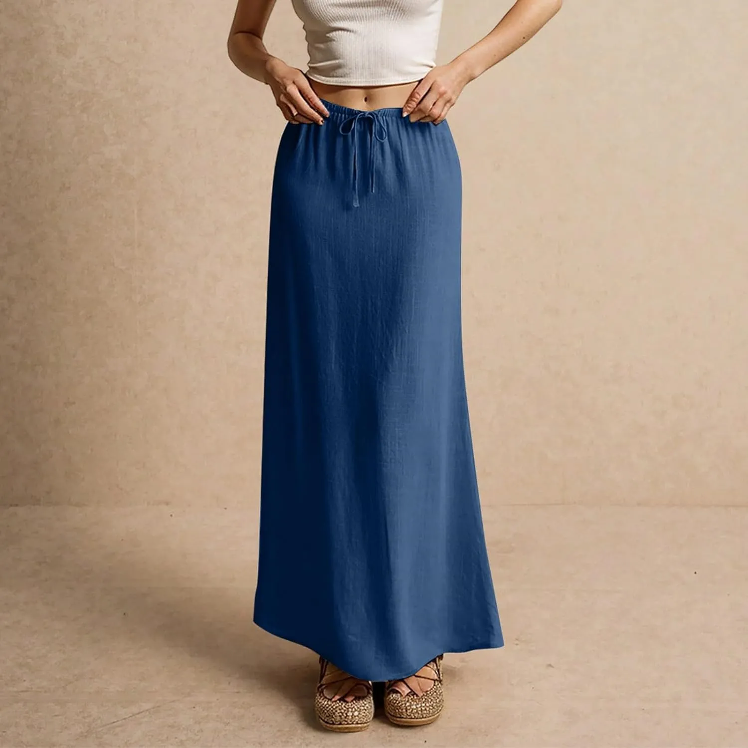 Linen Maxi Skirt for Women 2025 Summer Boho Flowy Long Skirts Drawstring Waist Y2k A Line Skirt Beach Cover Up Skirts