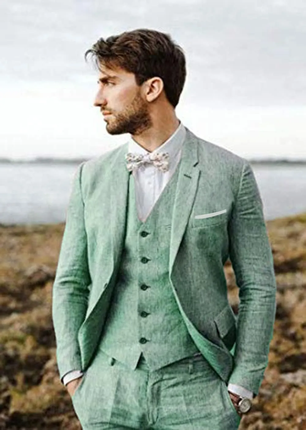 Linen Suit 3 Pieces Vintage Retro Wedding Prom Suits Slim Fit Jacket Blazer Groom Tuxedos