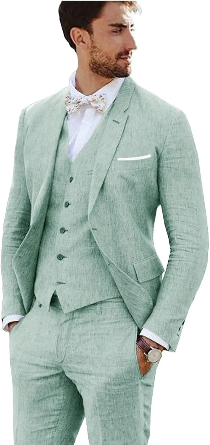Linen Suit 3 Pieces Vintage Retro Wedding Prom Suits Slim Fit Jacket Blazer Groom Tuxedos
