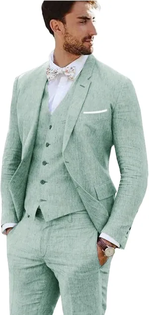 Linen Suit 3 Pieces Vintage Retro Wedding Prom Suits Slim Fit Jacket Blazer Groom Tuxedos