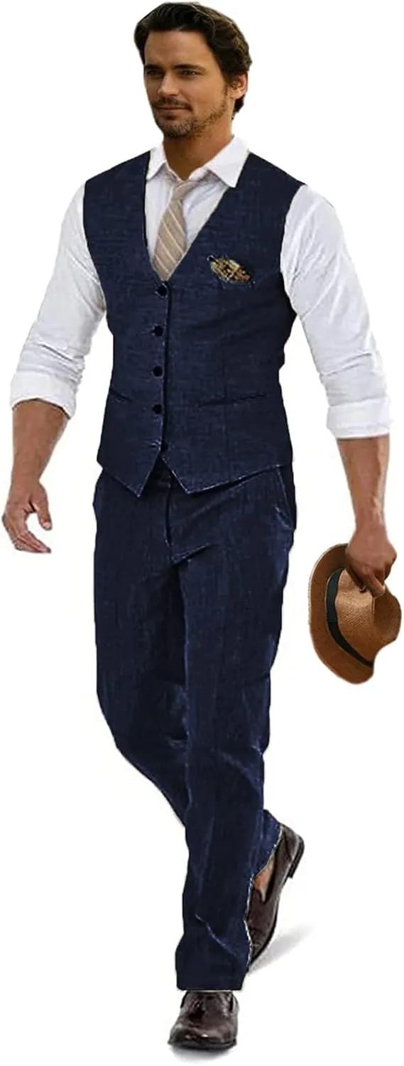 Linen Suits for Men Casual Wedding Suits Men 2 Piece Suits Groomsmen Tuxedos Summer Beach Prom Vest and Pants Set