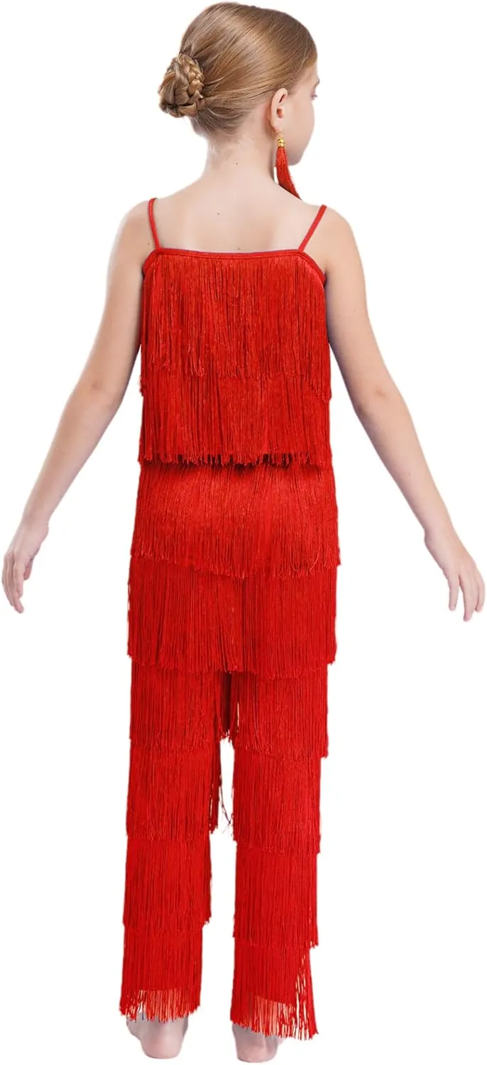 Linjinx Kids Girls Tassel Camisole Crop Tops and Pants Ear Clips Set Latin Samba Tango Salsa Belly Ballroom Dancewear