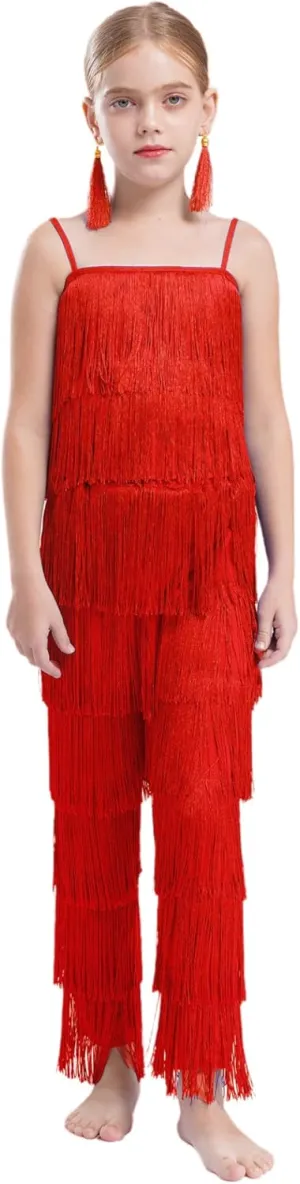 Linjinx Kids Girls Tassel Camisole Crop Tops and Pants Ear Clips Set Latin Samba Tango Salsa Belly Ballroom Dancewear