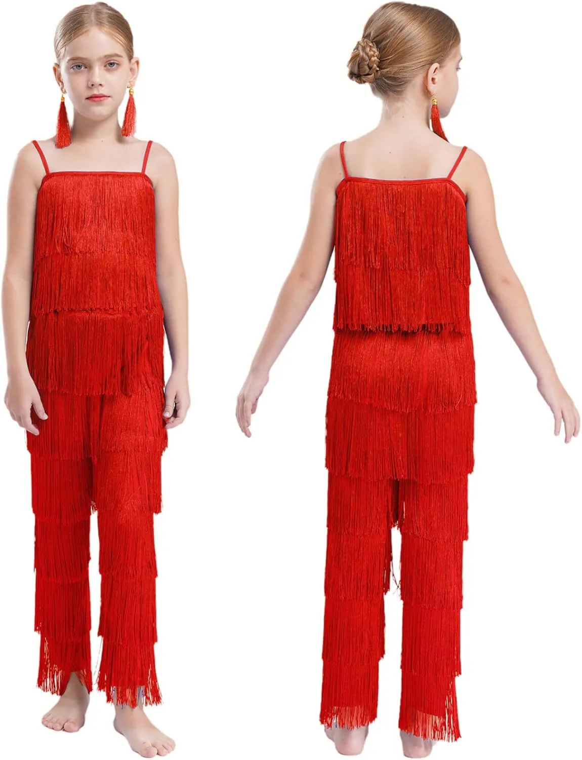 Linjinx Kids Girls Tassel Camisole Crop Tops and Pants Ear Clips Set Latin Samba Tango Salsa Belly Ballroom Dancewear