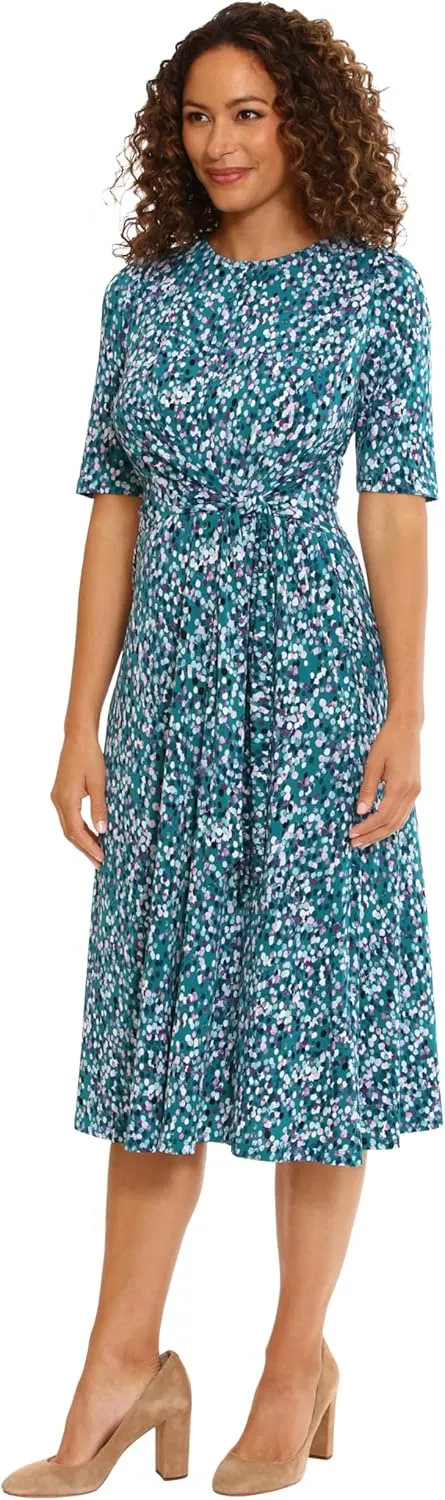 London Times Women's Side Waist Tie Fit and Flare Dress