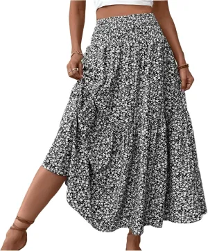 Long Flowy Skirts for Women Smocked High Waisted Floral Maxi Skirt with Pockets Boho Ruffle Tiered Beach A Line Skirt
