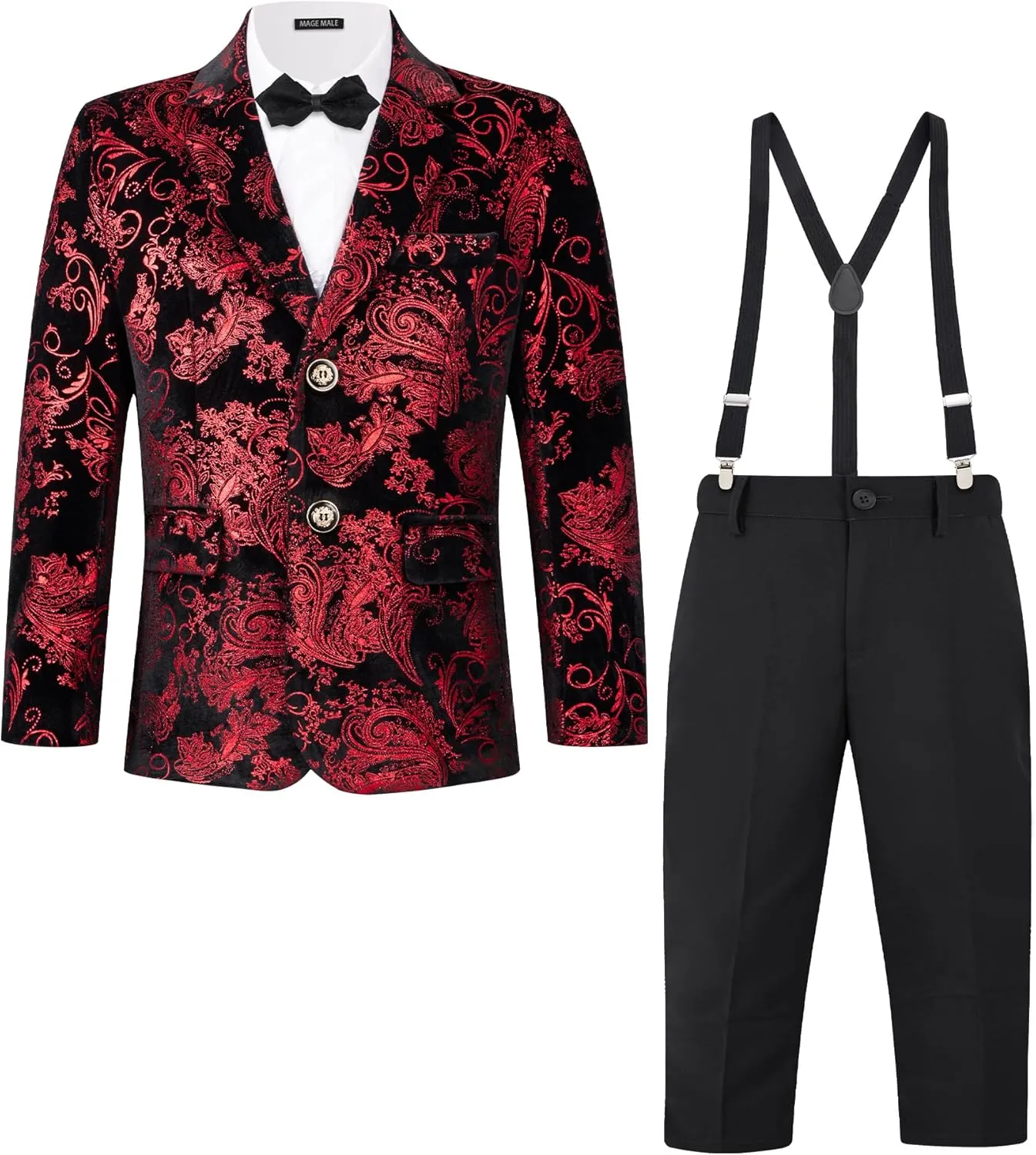 MAGE MALE Boys 3 Pieces Suit Colour Jacquard Slim Fit Jacket Pants Set for Wedding Prom Party Tuxedo with Kids Suspenders