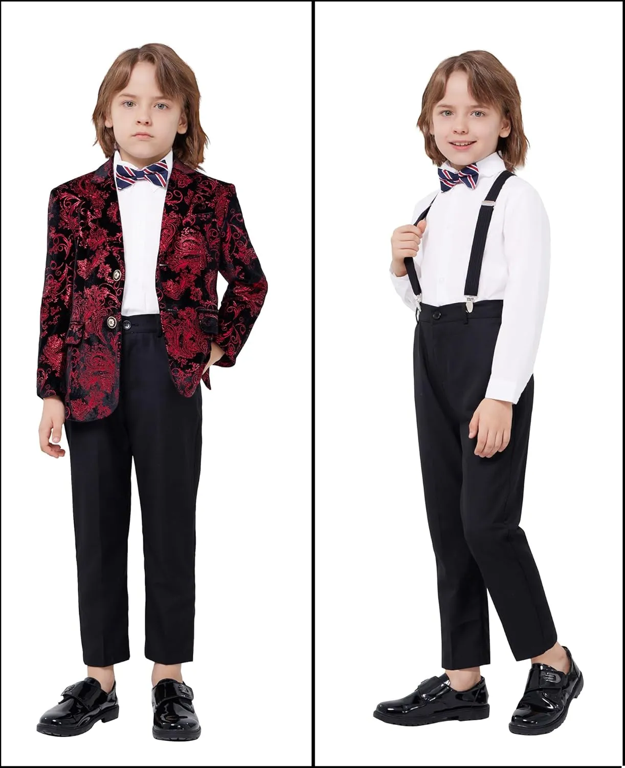 MAGE MALE Boys 3 Pieces Suit Colour Jacquard Slim Fit Jacket Pants Set for Wedding Prom Party Tuxedo with Kids Suspenders