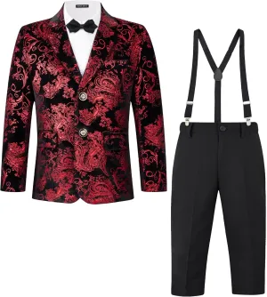 MAGE MALE Boys 3 Pieces Suit Colour Jacquard Slim Fit Jacket Pants Set for Wedding Prom Party Tuxedo with Kids Suspenders