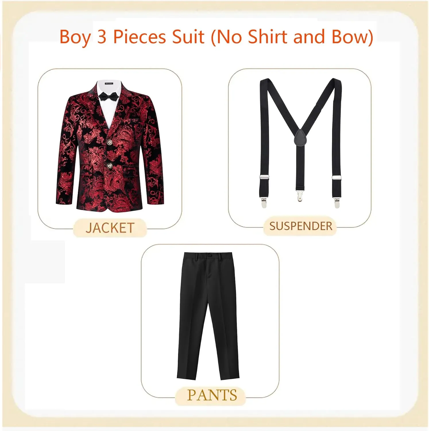 MAGE MALE Boys 3 Pieces Suit Colour Jacquard Slim Fit Jacket Pants Set for Wedding Prom Party Tuxedo with Kids Suspenders
