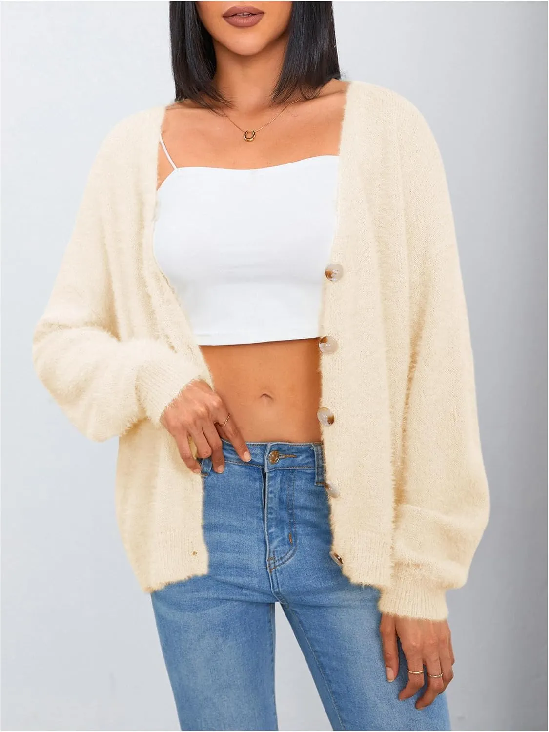 MakeMeChic Women's Fuzzy Cardigan Long Sleeve V Neck Button Down Loose Cardigan Sweater