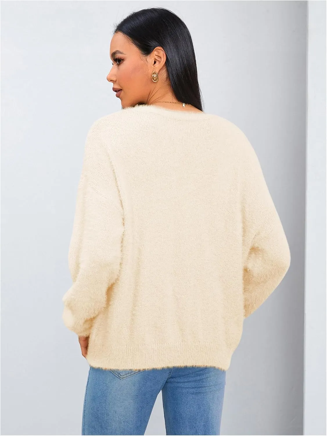 MakeMeChic Women's Fuzzy Cardigan Long Sleeve V Neck Button Down Loose Cardigan Sweater