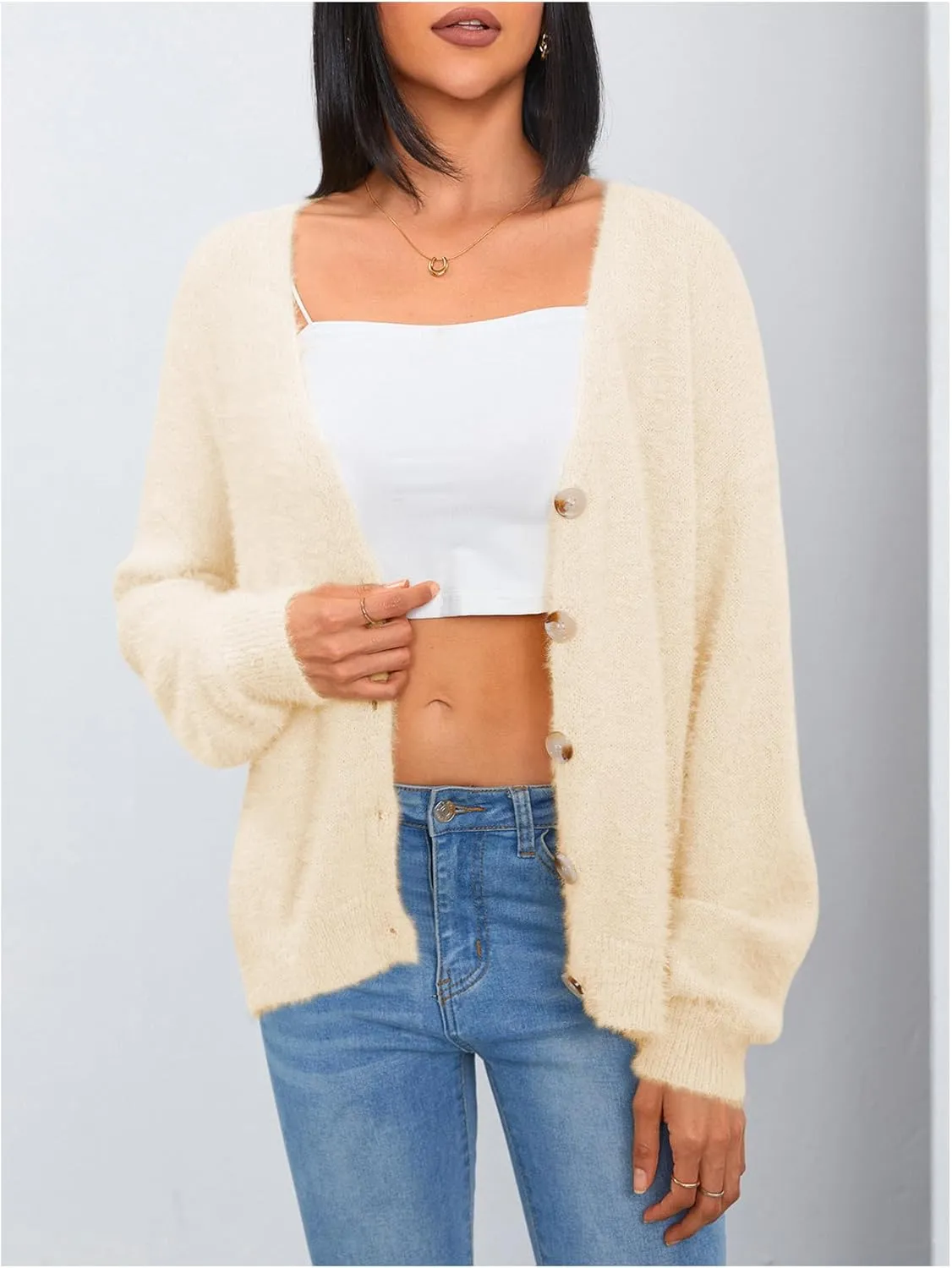 MakeMeChic Women's Fuzzy Cardigan Long Sleeve V Neck Button Down Loose Cardigan Sweater