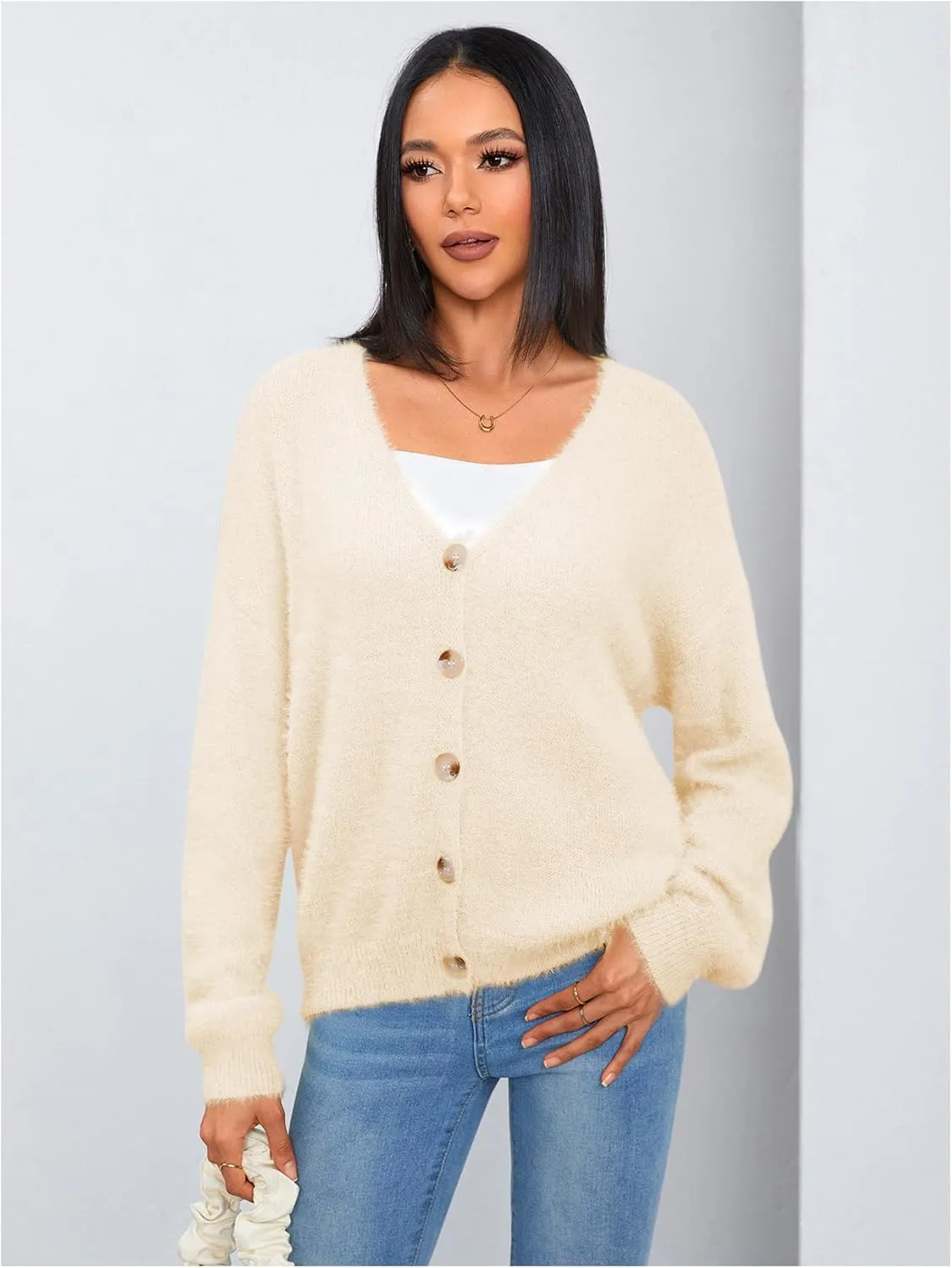 MakeMeChic Women's Fuzzy Cardigan Long Sleeve V Neck Button Down Loose Cardigan Sweater
