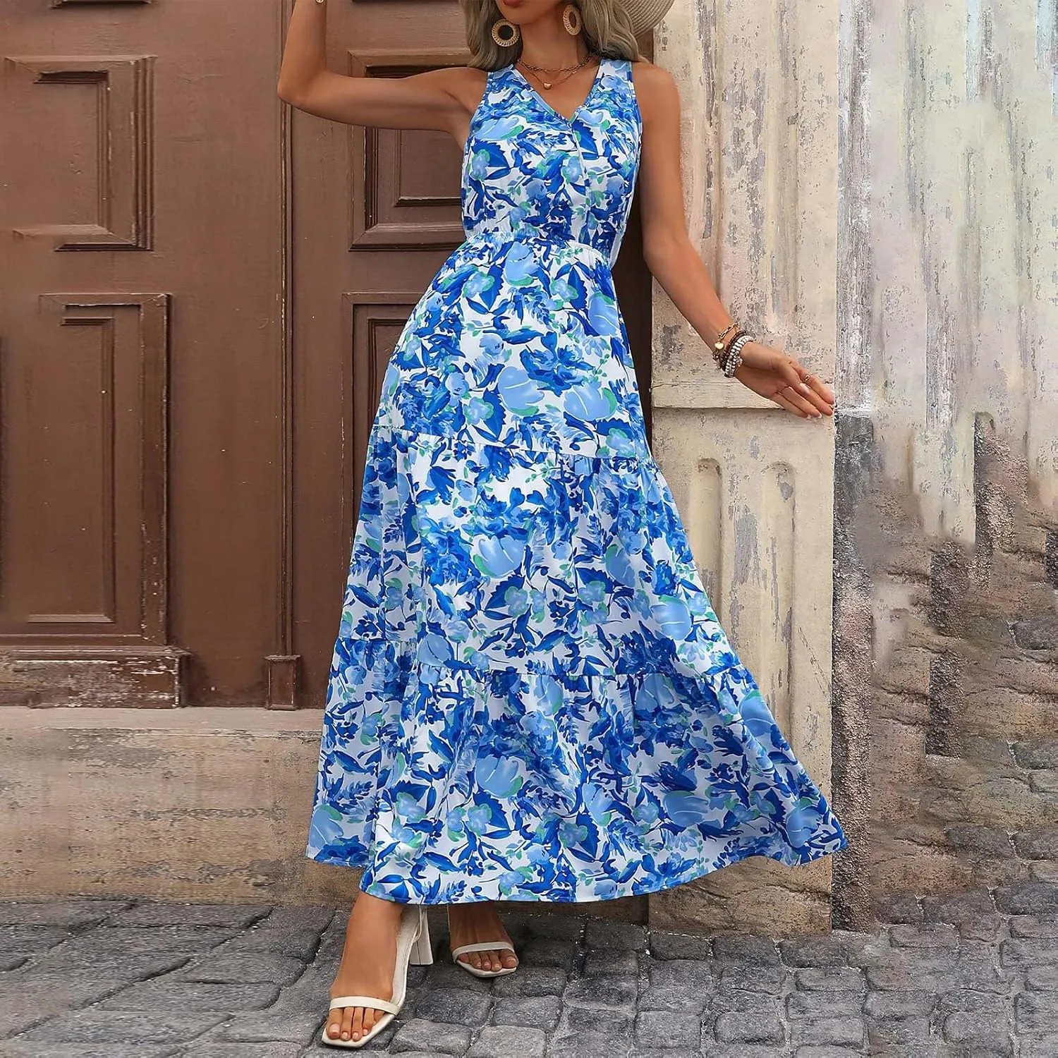 Maxi Dresses for Women Summer Wrap V Neck Long Floral Dress Elegant Formal Wedding Guest Dresses Boho Flowy Sundress