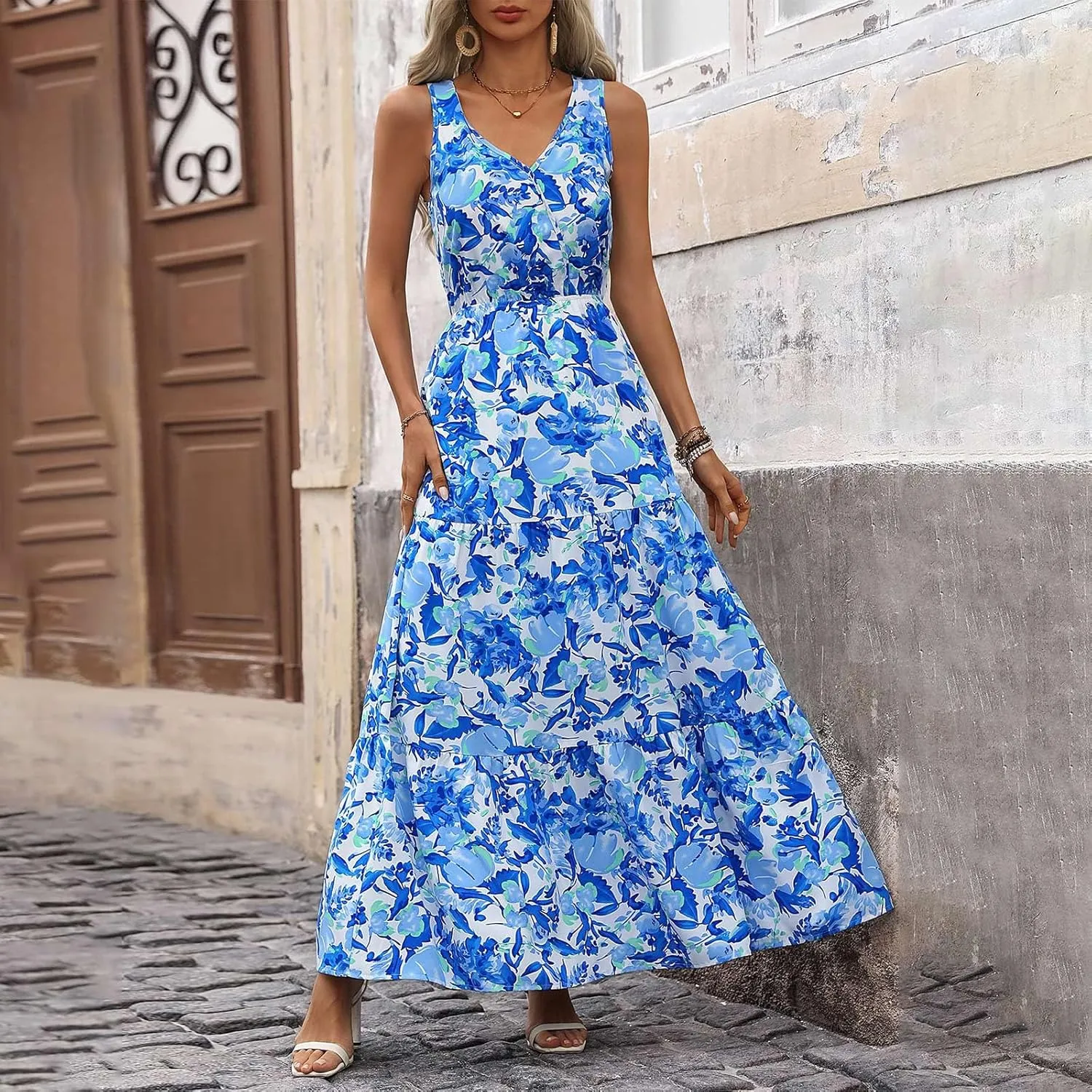 Maxi Dresses for Women Summer Wrap V Neck Long Floral Dress Elegant Formal Wedding Guest Dresses Boho Flowy Sundress