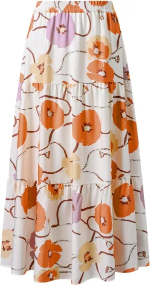 Maxi Skirt for Women Flowy Swing Tiered A-Line Fall Skirt Elastic High Waist Pleated Ruffle Long Beach Skirts Dress