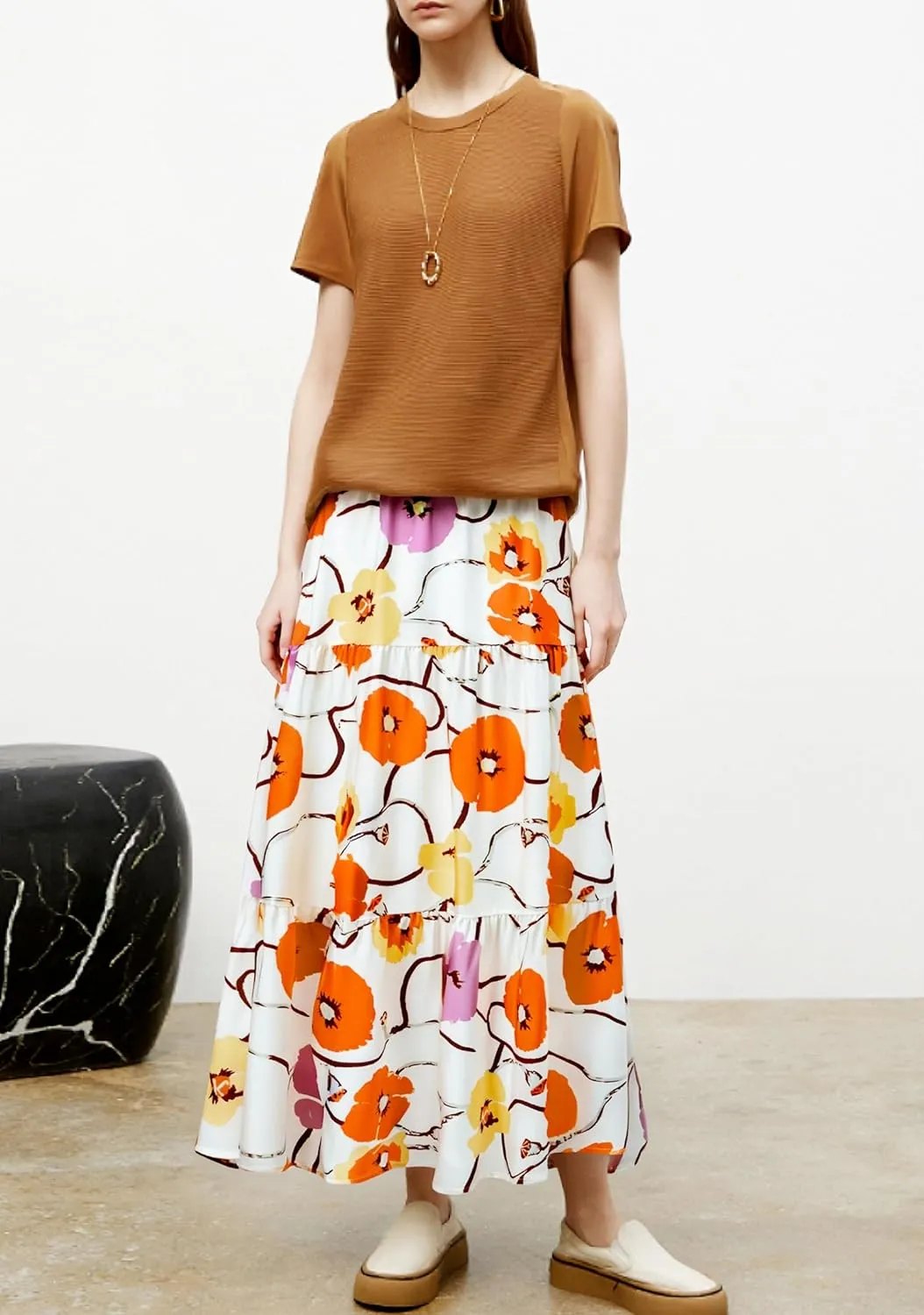 Maxi Skirt for Women Flowy Swing Tiered A-Line Fall Skirt Elastic High Waist Pleated Ruffle Long Beach Skirts Dress