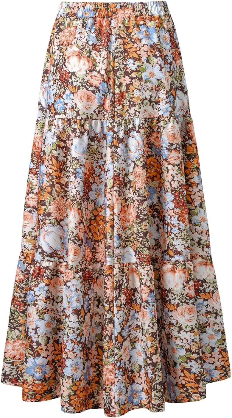 Maxi Skirt for Women Flowy Swing Tiered A-Line Fall Skirt Elastic High Waist Pleated Ruffle Long Beach Skirts Dress