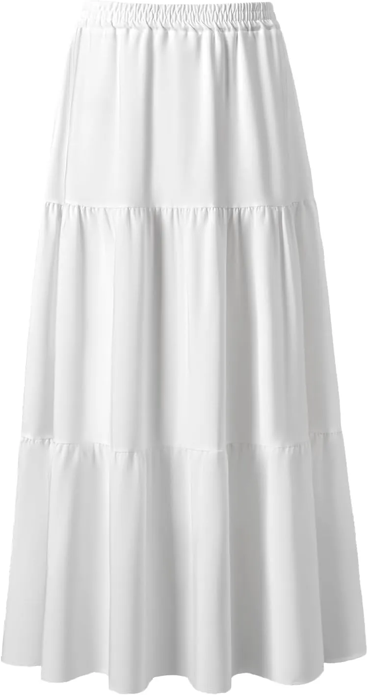 Maxi Skirt for Women Flowy Swing Tiered A-Line Fall Skirt Elastic High Waist Pleated Ruffle Long Beach Skirts Dress