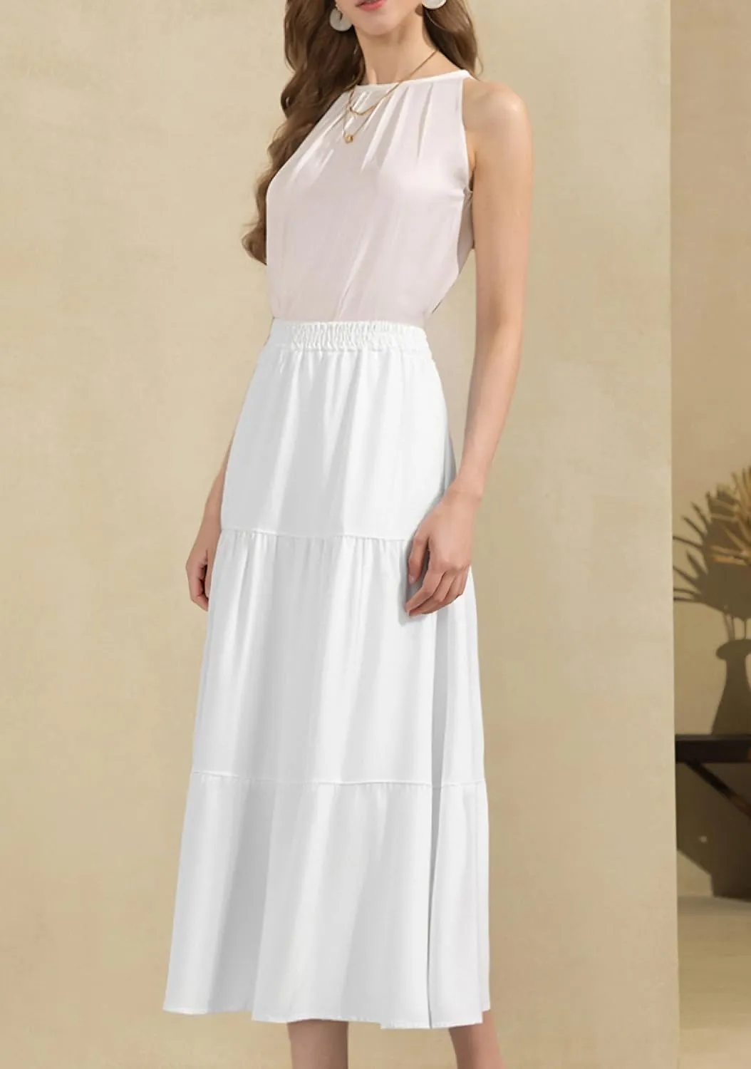 Maxi Skirt for Women Flowy Swing Tiered A-Line Fall Skirt Elastic High Waist Pleated Ruffle Long Beach Skirts Dress