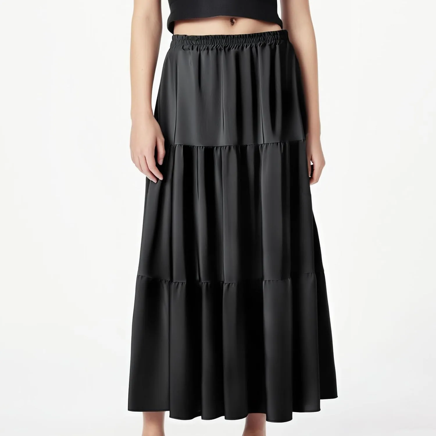 Maxi Skirt for Women Flowy Swing Tiered A-Line Fall Skirt Elastic High Waist Pleated Ruffle Long Beach Skirts Dress