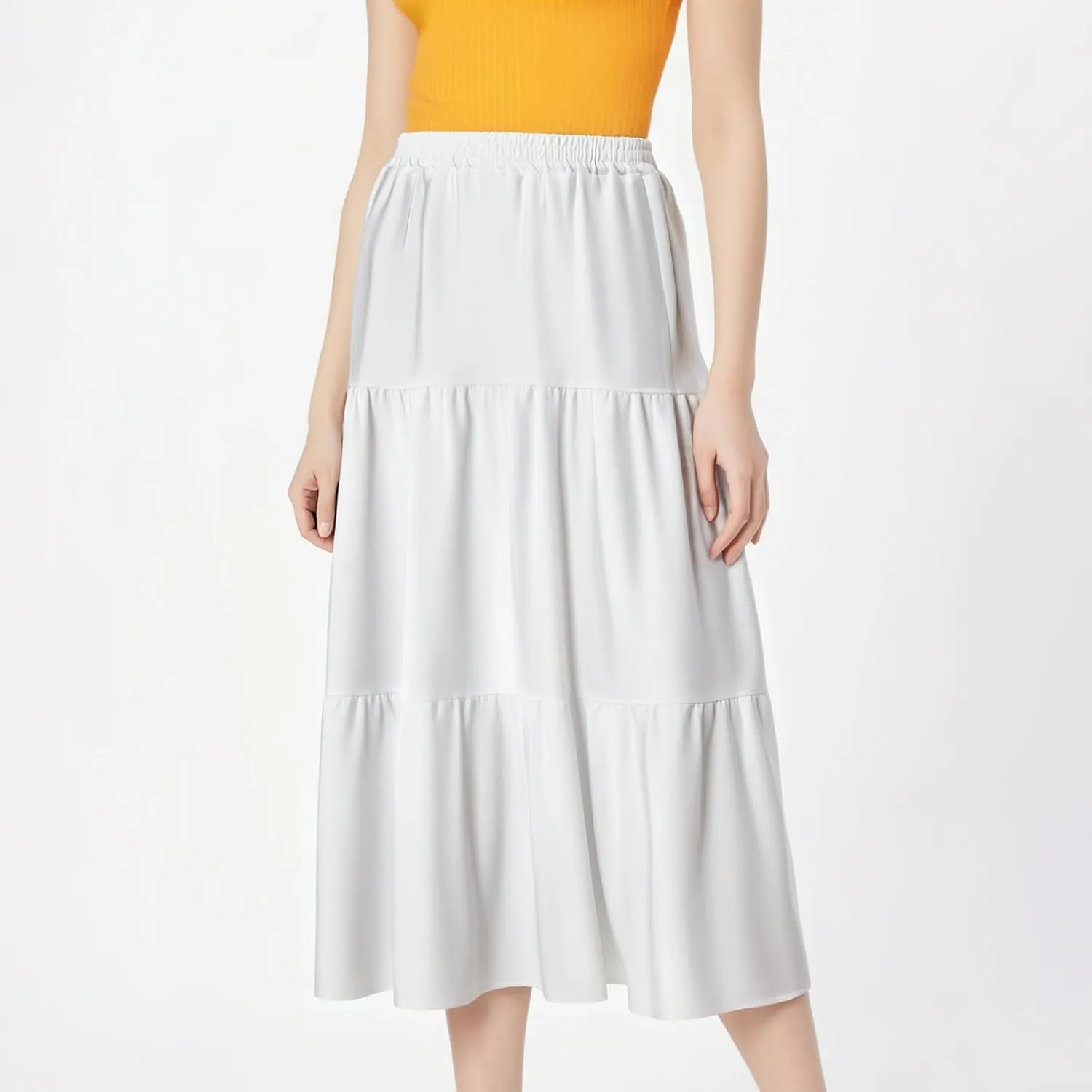 Maxi Skirt for Women Flowy Swing Tiered A-Line Fall Skirt Elastic High Waist Pleated Ruffle Long Beach Skirts Dress