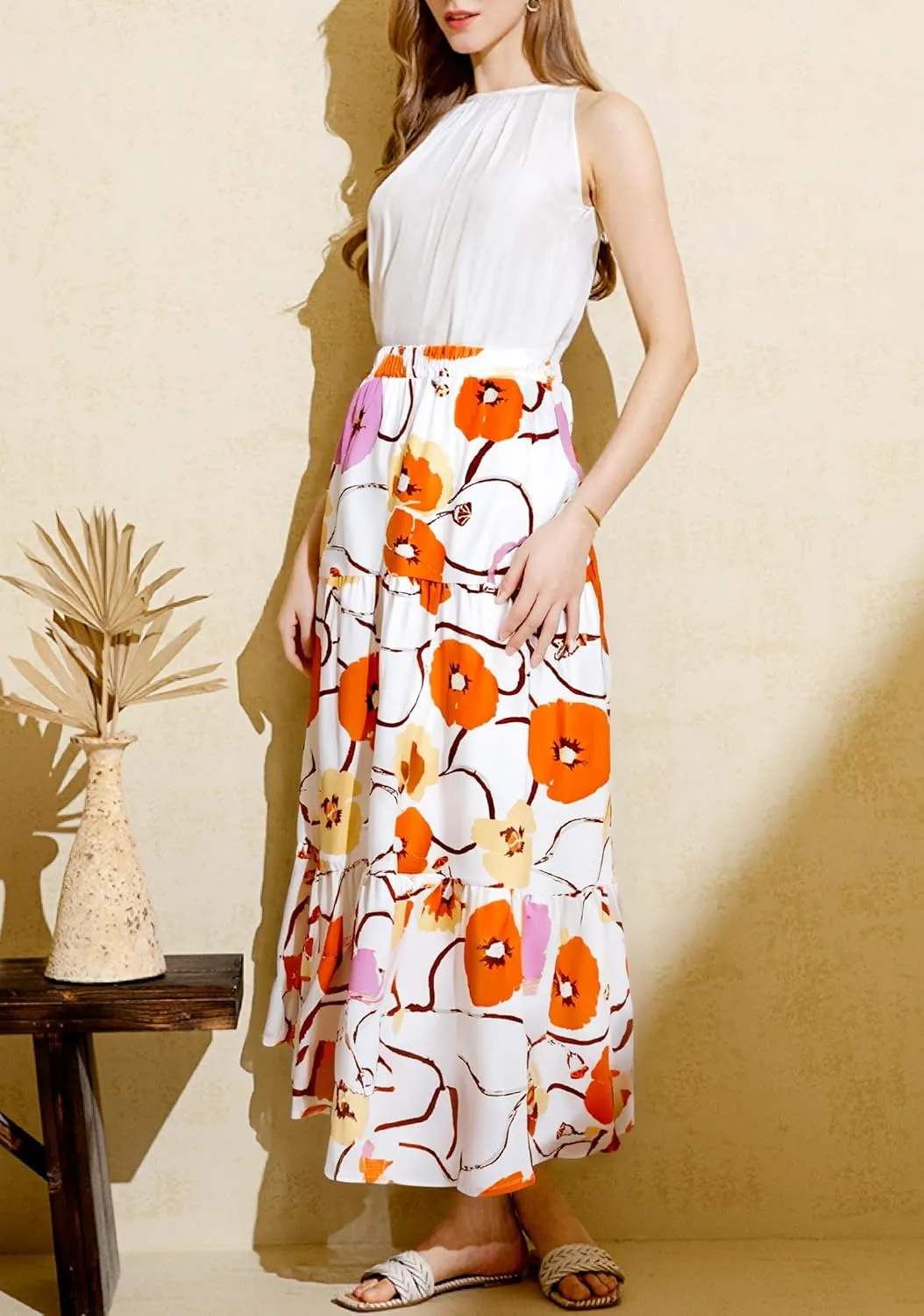 Maxi Skirt for Women Flowy Swing Tiered A-Line Fall Skirt Elastic High Waist Pleated Ruffle Long Beach Skirts Dress