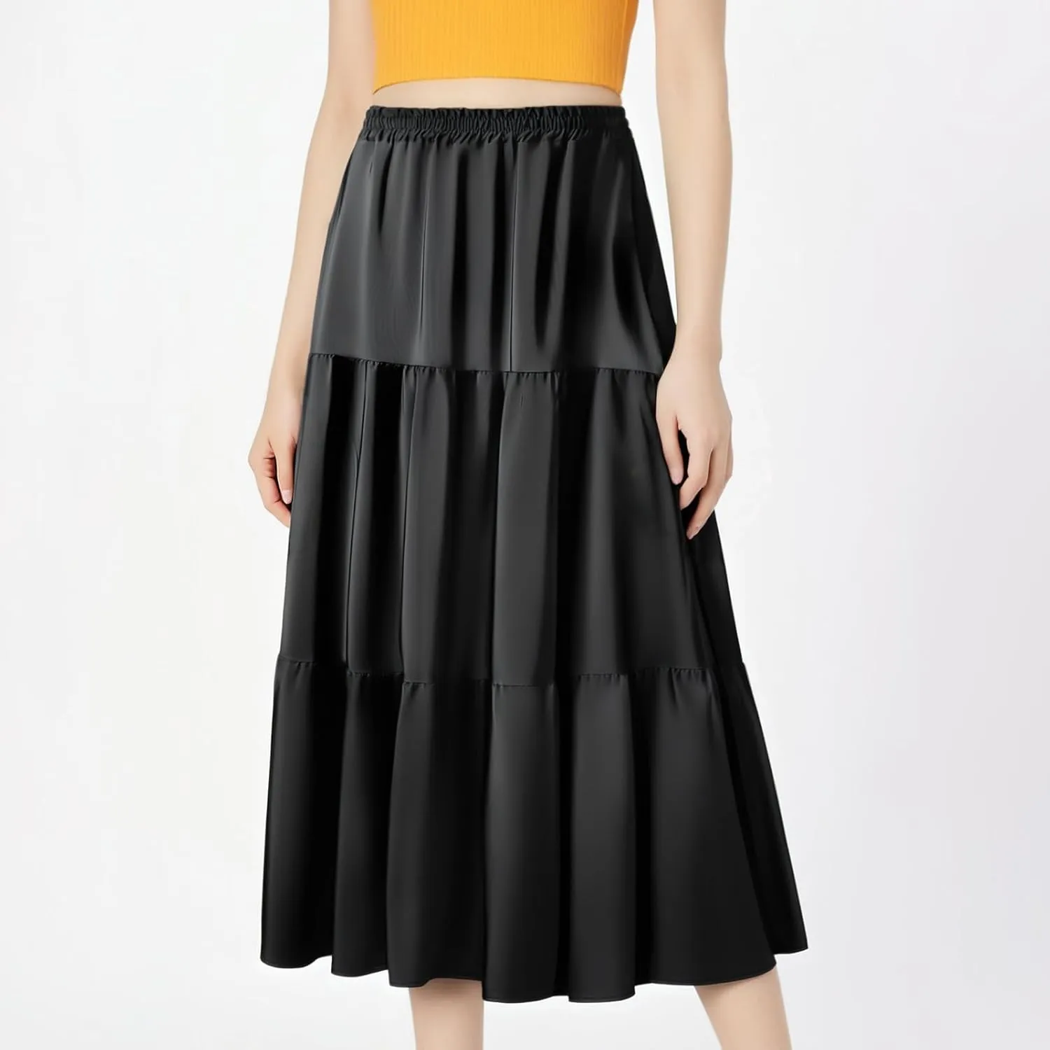 Maxi Skirt for Women Flowy Swing Tiered A-Line Fall Skirt Elastic High Waist Pleated Ruffle Long Beach Skirts Dress