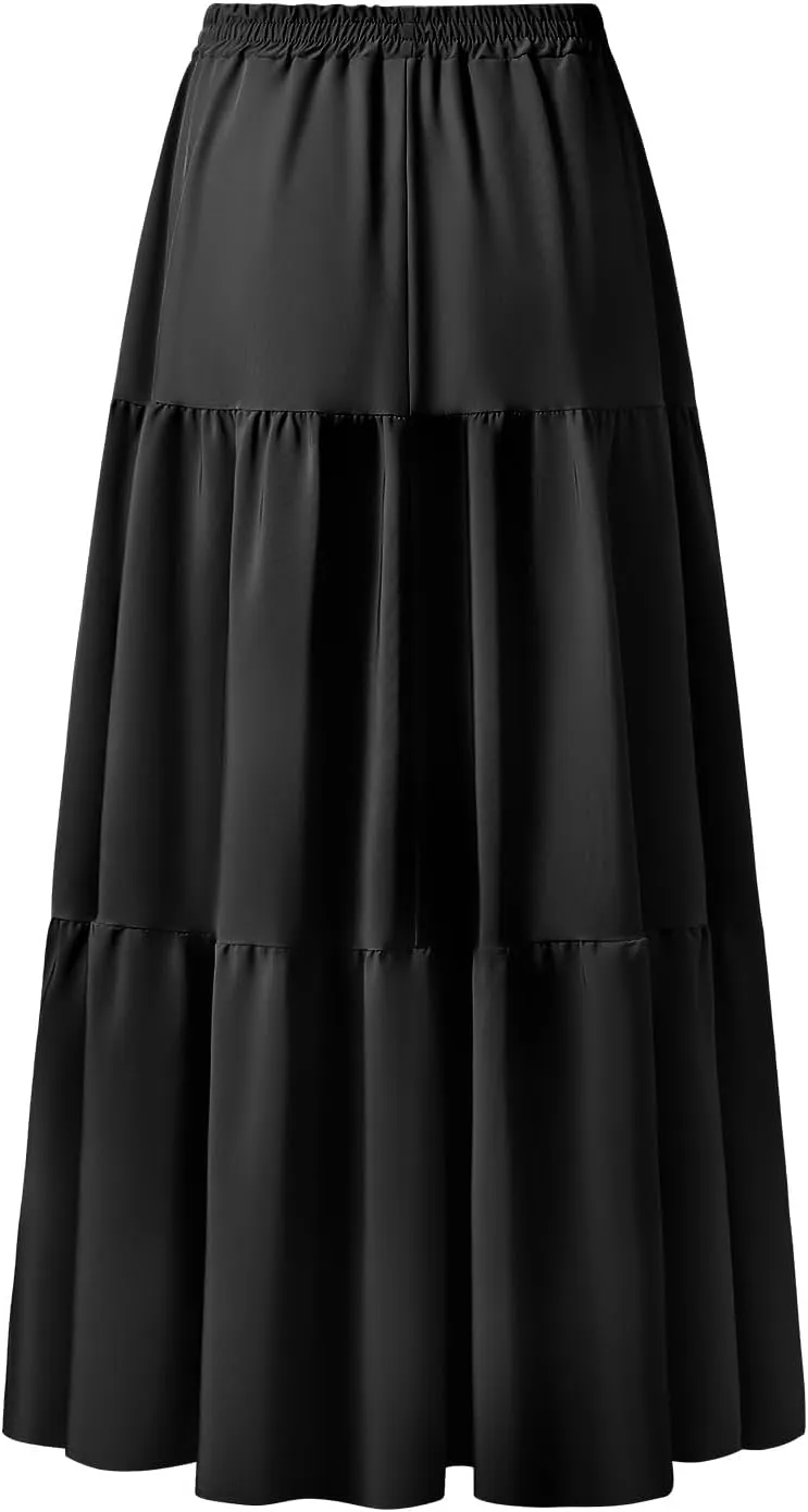 Maxi Skirt for Women Flowy Swing Tiered A-Line Fall Skirt Elastic High Waist Pleated Ruffle Long Beach Skirts Dress