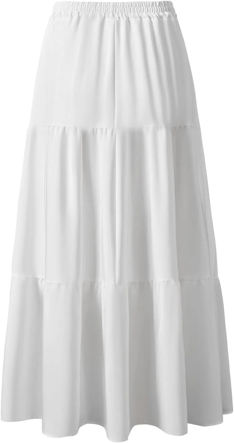 Maxi Skirt for Women Flowy Swing Tiered A-Line Fall Skirt Elastic High Waist Pleated Ruffle Long Beach Skirts Dress
