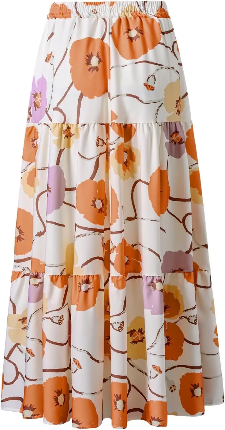 Maxi Skirt for Women Flowy Swing Tiered A-Line Fall Skirt Elastic High Waist Pleated Ruffle Long Beach Skirts Dress