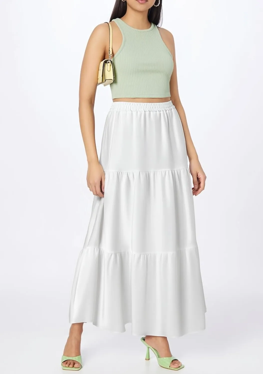 Maxi Skirt for Women Flowy Swing Tiered A-Line Fall Skirt Elastic High Waist Pleated Ruffle Long Beach Skirts Dress