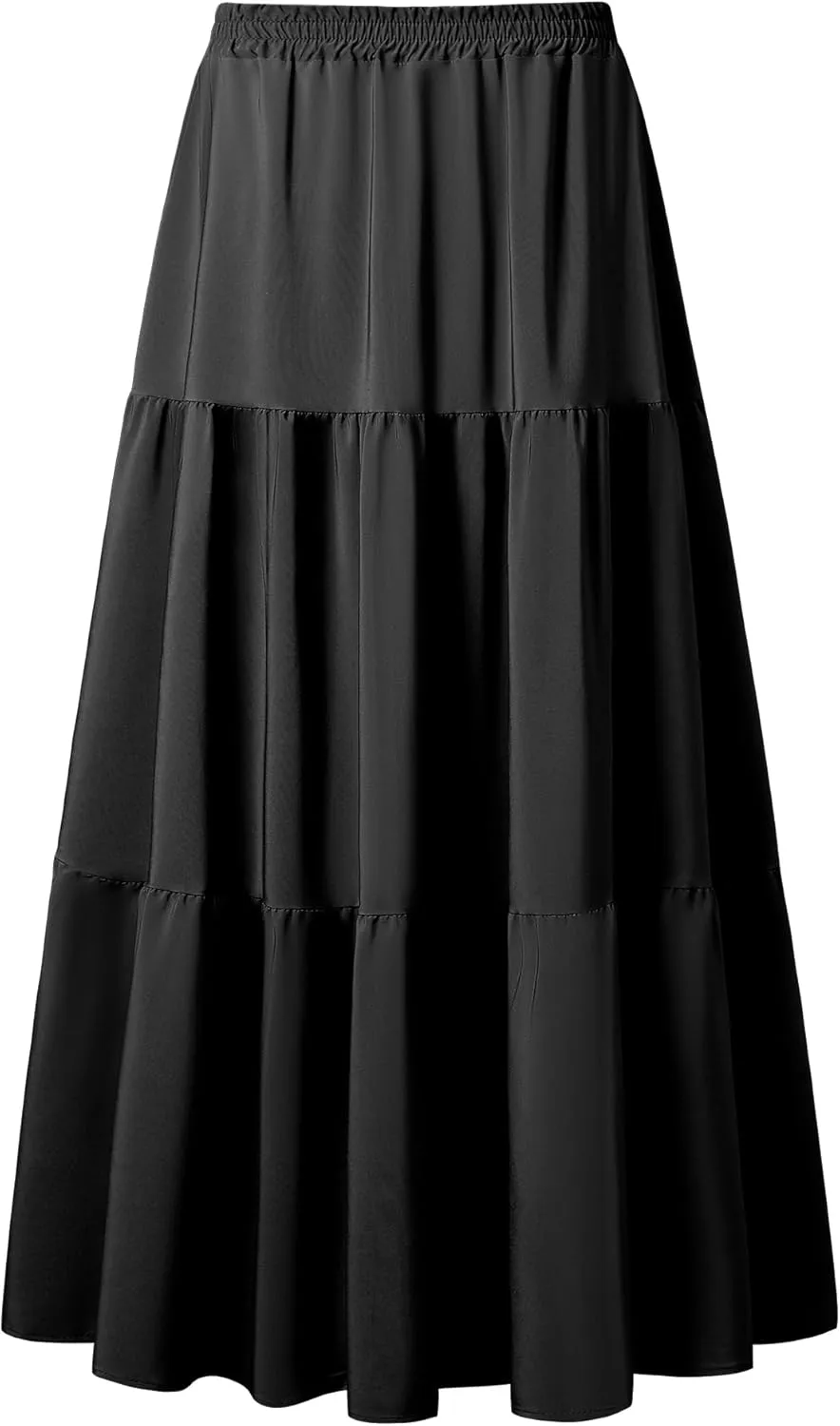 Maxi Skirt for Women Flowy Swing Tiered A-Line Fall Skirt Elastic High Waist Pleated Ruffle Long Beach Skirts Dress