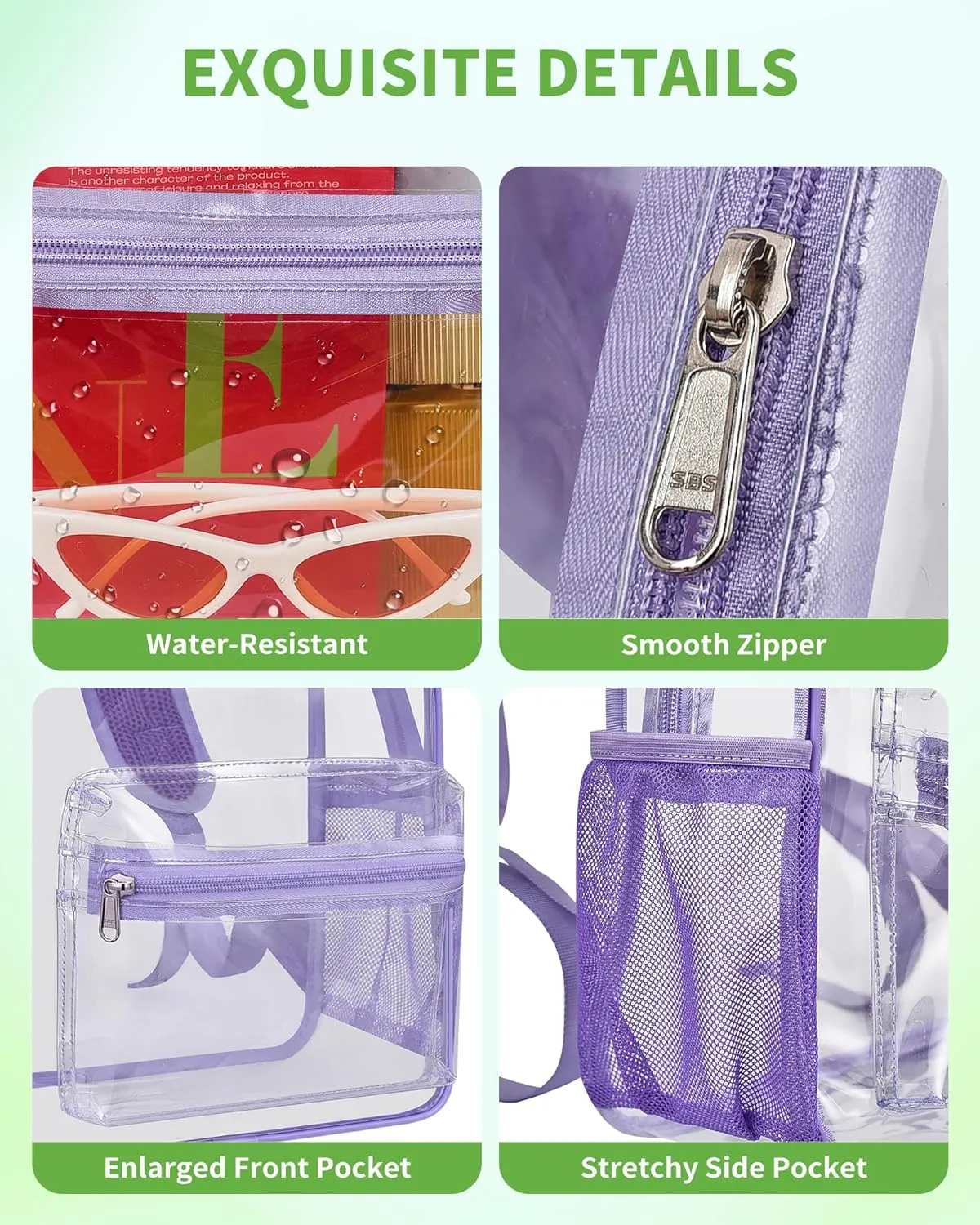 MAY TREE Clear Backpack for Stadium Events, 12x11x5 Inches Small Clear Backpack for Concert Festival Sports Outdoor - Purple