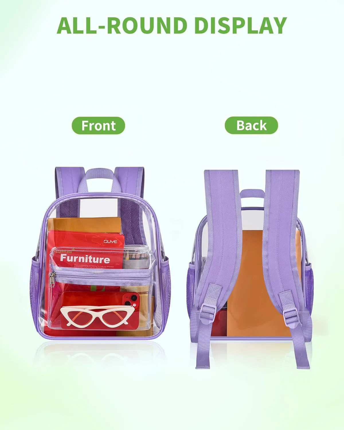 MAY TREE Clear Backpack for Stadium Events, 12x11x5 Inches Small Clear Backpack for Concert Festival Sports Outdoor - Purple