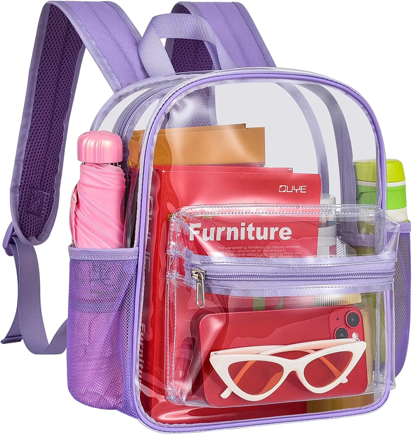 MAY TREE Clear Backpack for Stadium Events, 12x11x5 Inches Small Clear Backpack for Concert Festival Sports Outdoor - Purple