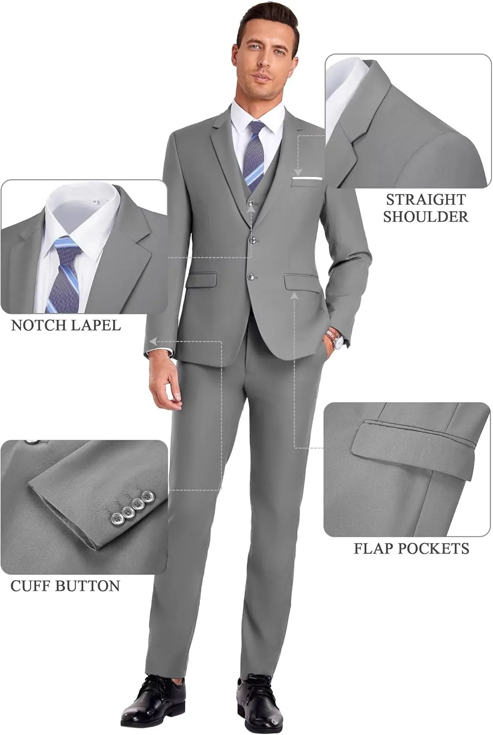 Men Suit 3 Pieces Slim Fit, Groomsmen Business Jacket Vest Pant with Tie 2 Buttons Prom Tuxedo Xs/3630