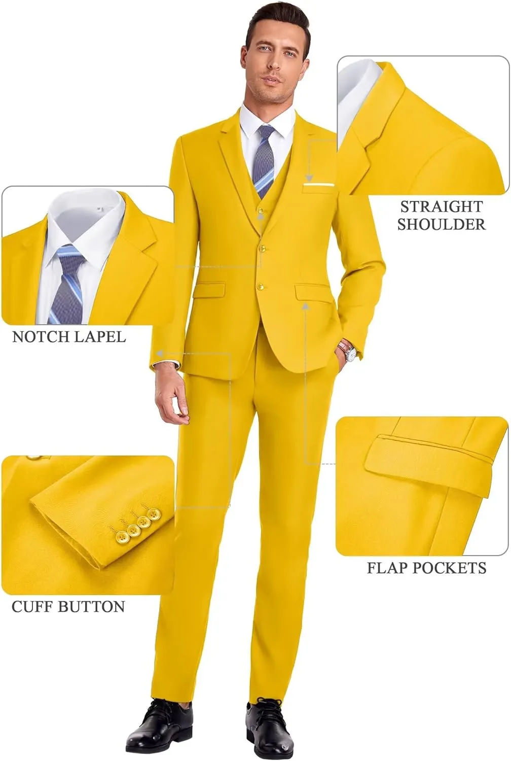 Men Suit 3 Pieces Slim Fit, Groomsmen Business Jacket Vest Pant with Tie 2 Buttons Prom Tuxedo Xs/3630