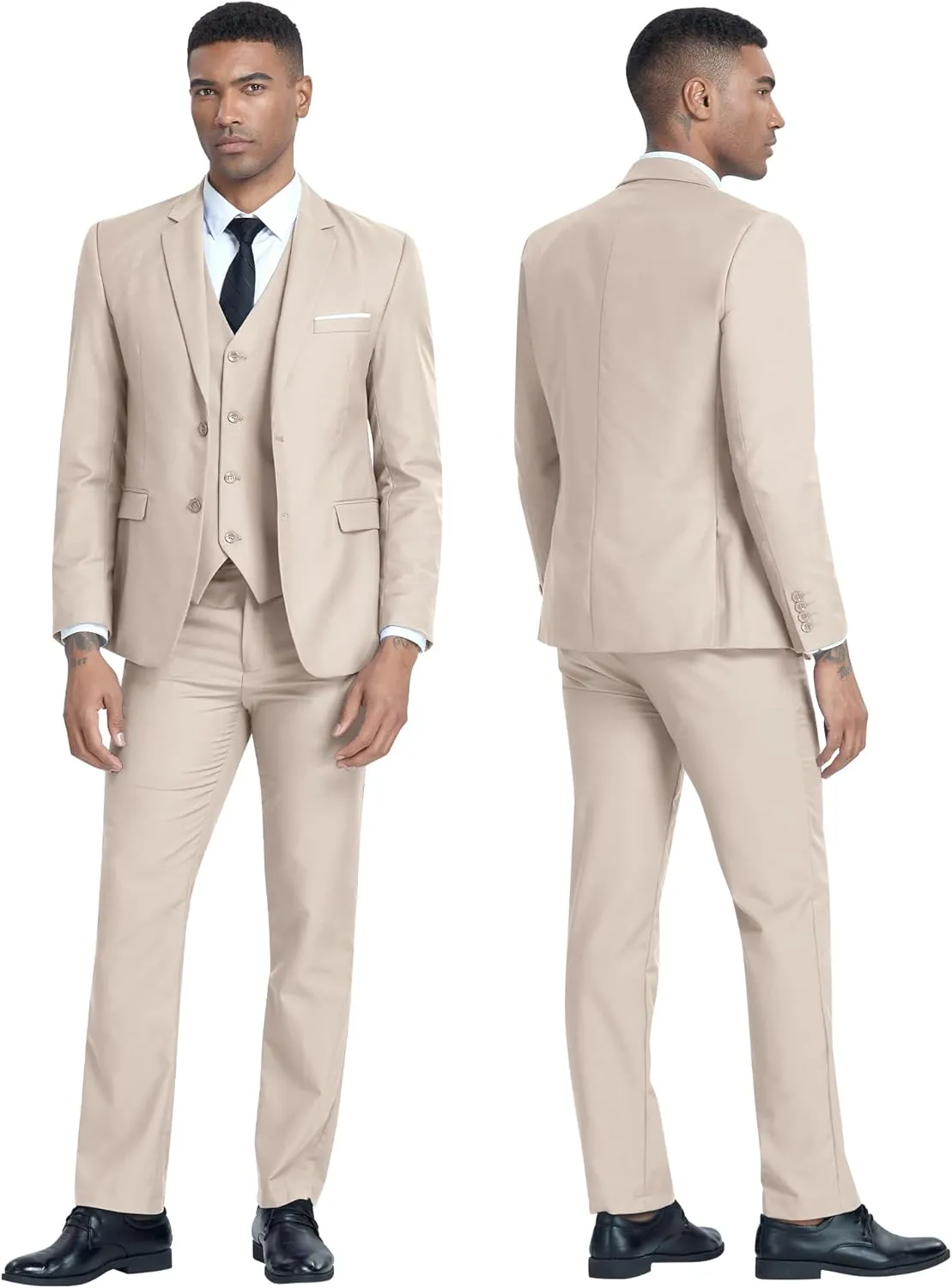 Men's 3 Piece Slim Fit Suit Set, Two Button Blazer Solid Jacket Vest Pants Wedding Business Suit