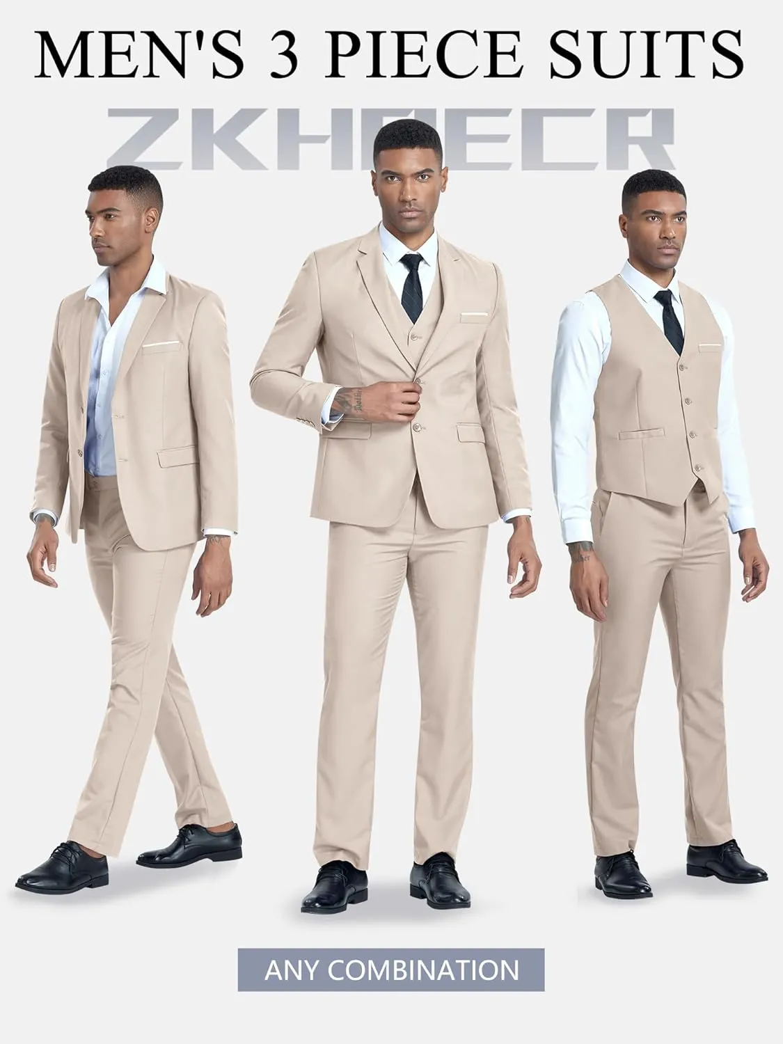Men's 3 Piece Slim Fit Suit Set, Two Button Blazer Solid Jacket Vest Pants Wedding Business Suit