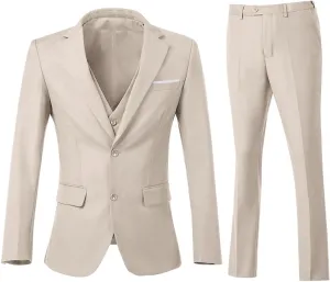 Men's 3 Piece Slim Fit Suit Set, Two Button Blazer Solid Jacket Vest Pants Wedding Business Suit