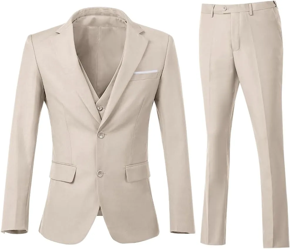 Men's 3 Piece Slim Fit Suit Set, Two Button Blazer Solid Jacket Vest Pants Wedding Business Suit