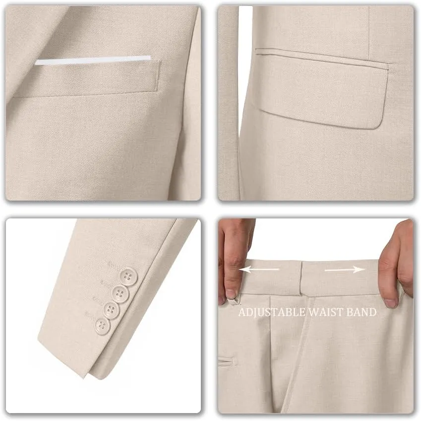 Men's 3 Piece Slim Fit Suit Set, Two Button Blazer Solid Jacket Vest Pants Wedding Business Suit