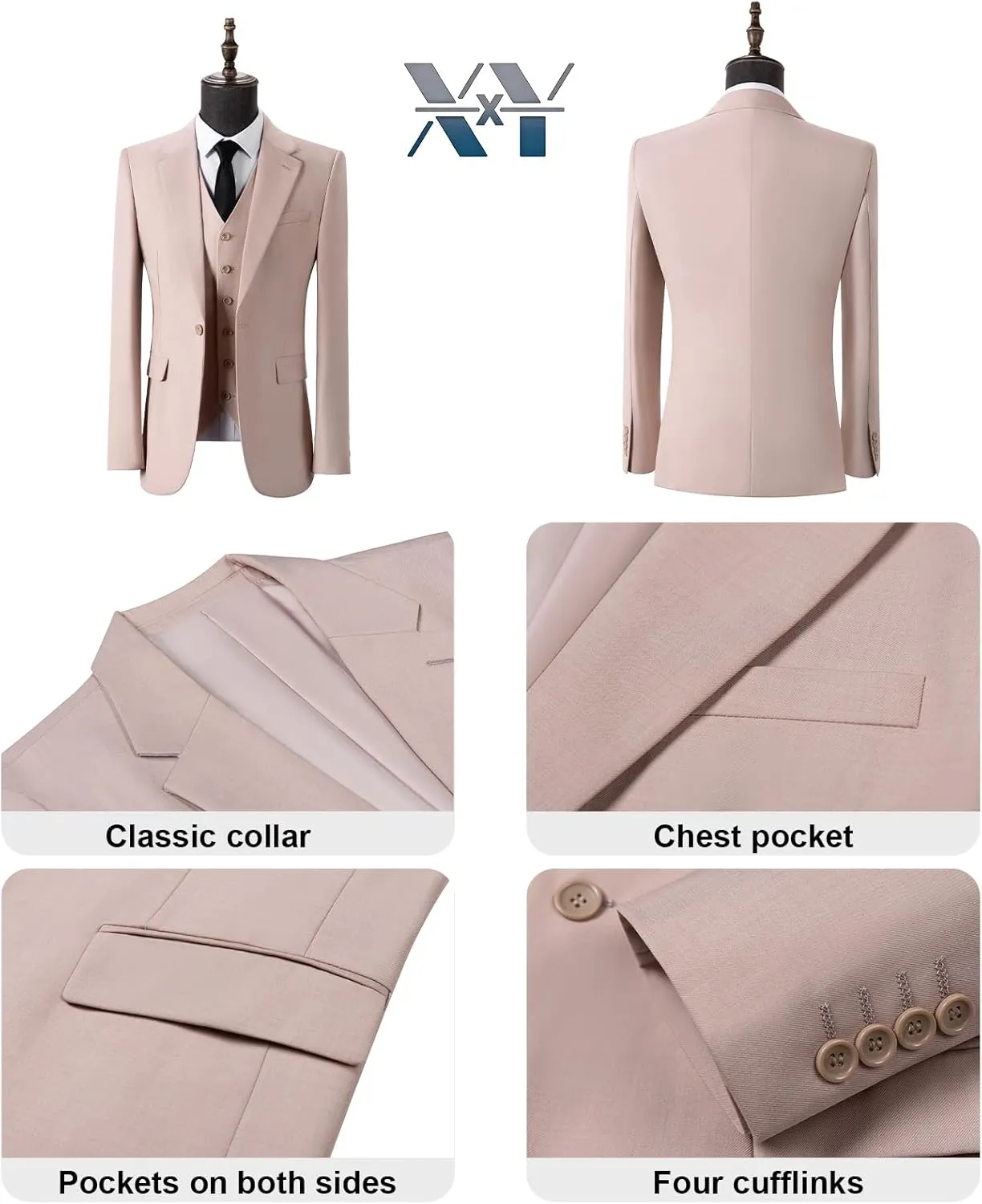 Men's 3-Piece Suits Fit Dress Suit Jacket Blazer Pants Vest Set Regular Wedding Tuxedos
