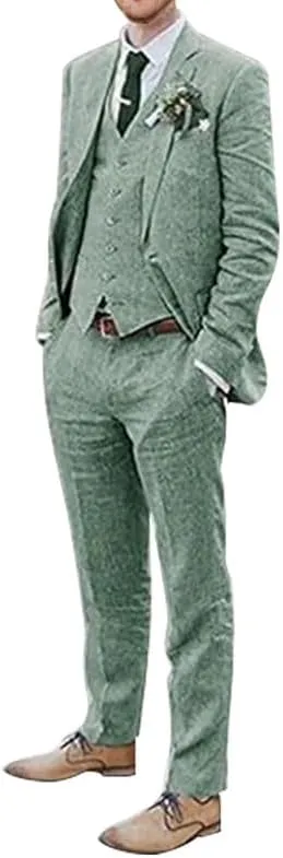 Men's 3 Pieces Linen Suit Set Beach Wedding Blazer Vest Pants Set Casual Lightweight Summer Slim Fit Tuxedo Suit