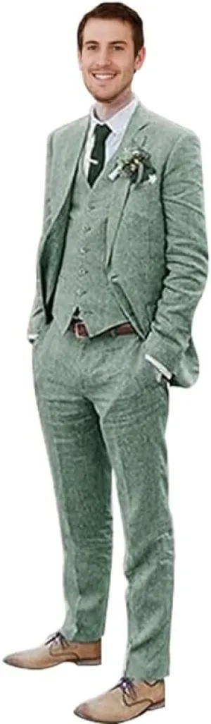 Men's 3 Pieces Linen Suit Set Beach Wedding Blazer Vest Pants Set Casual Lightweight Summer Slim Fit Tuxedo Suit