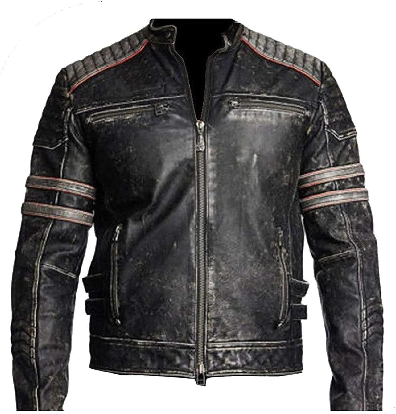 Mens Cafe Racer Vintage Riding Lambskin Leather Retro Motorcycle Black DISTRESSED LEATHER BIKER JACKET