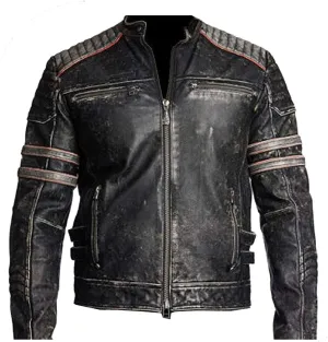 Mens Cafe Racer Vintage Riding Lambskin Leather Retro Motorcycle Black DISTRESSED LEATHER BIKER JACKET